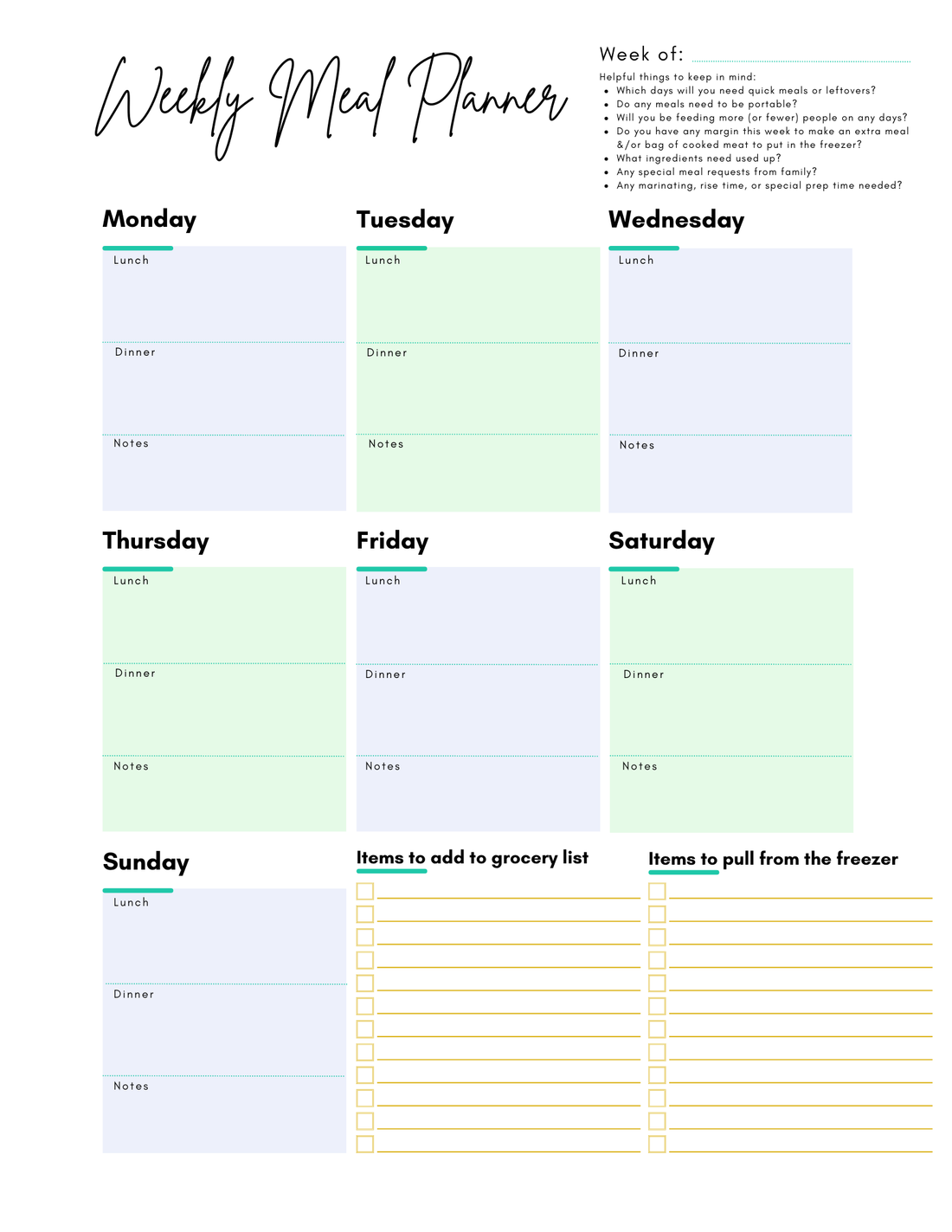 Weekly Meal Planning Sheet